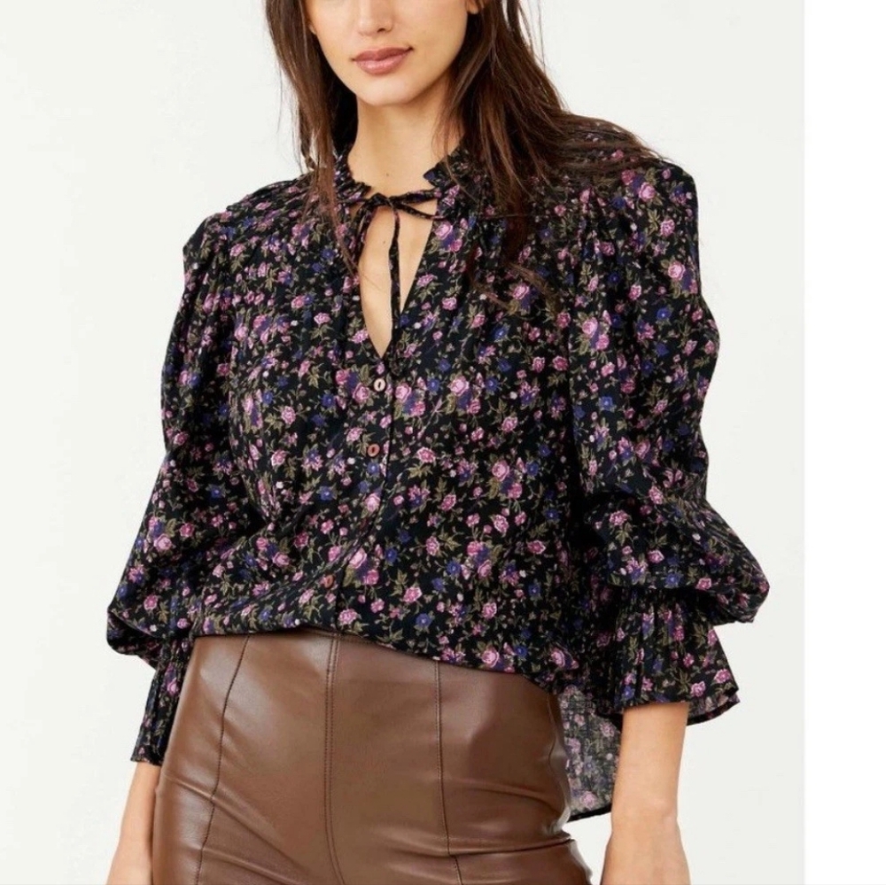Free People Meant To Be Blouse Tie-Neck with Purple & Pink Accents XS